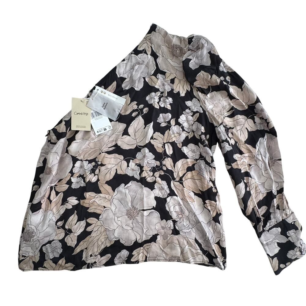 New MNG Mango Floral Lola Black Cream One Shoulder Womens Blouse L